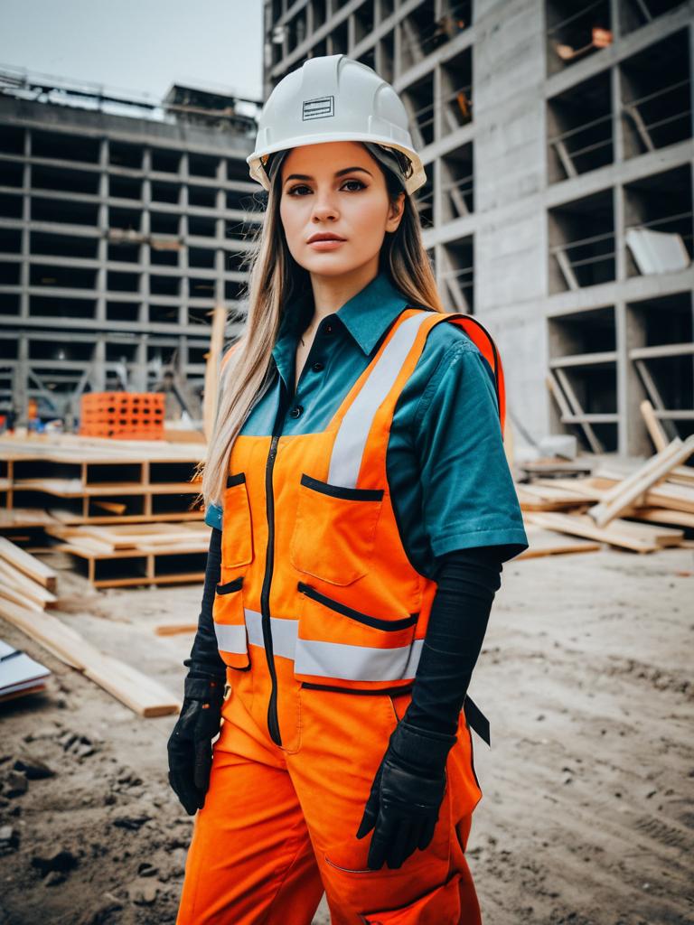 Woman in Construction Project Costume Wearing Safety Helmet at Construction Site Woman in Construction Project Costume Wearing Safety Helmet at Construction Site