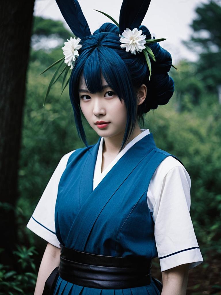 Realistic Toru Hagakure Cosplay Woman in Blue Costume with Bunny Ears