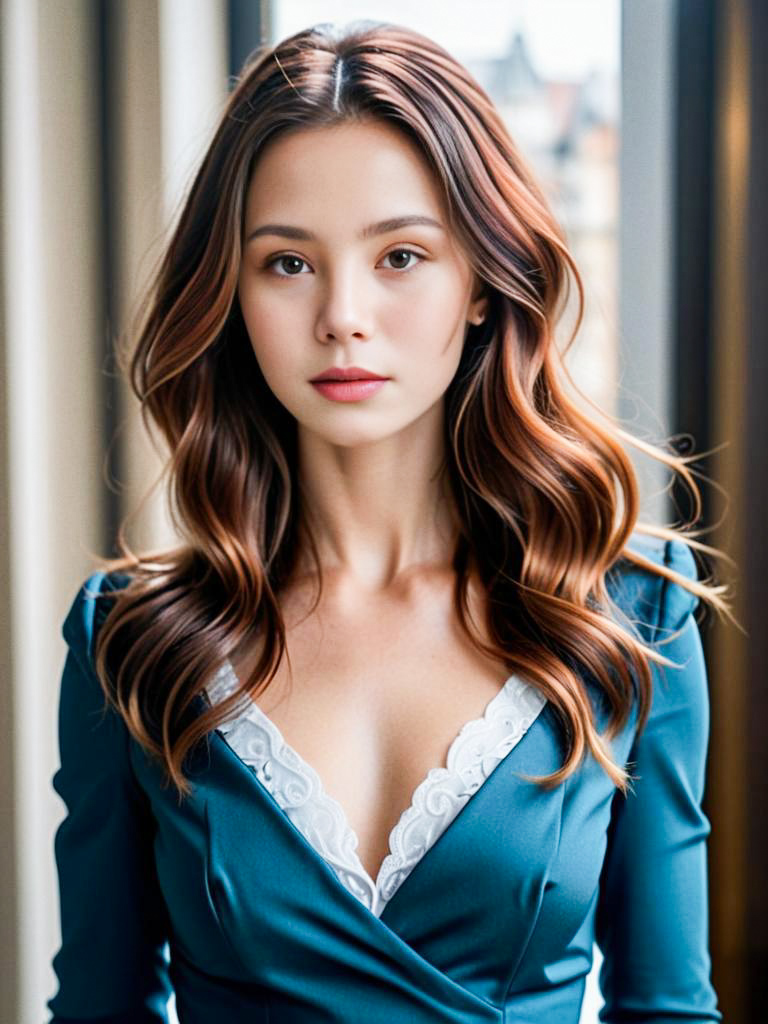 Elegant Young Woman in Teal Outfit