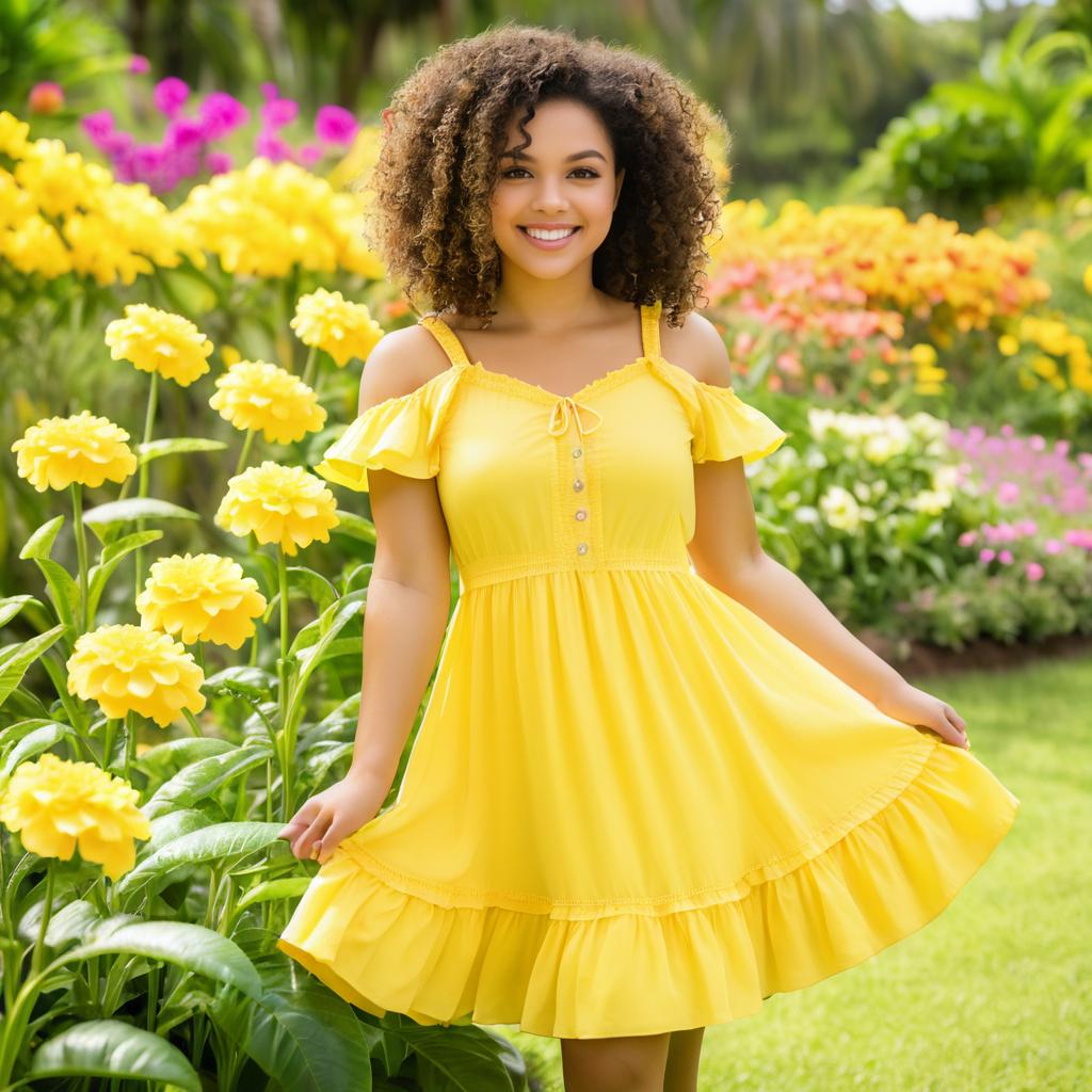 Cheerful Woman in Yellow Dress in Flower Garden