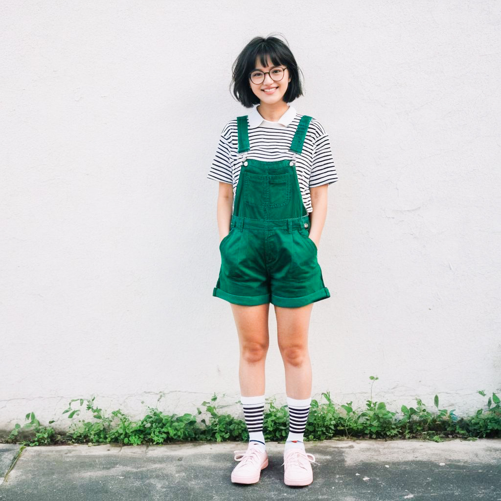 Young Woman in Green Overalls and Striped Shirt