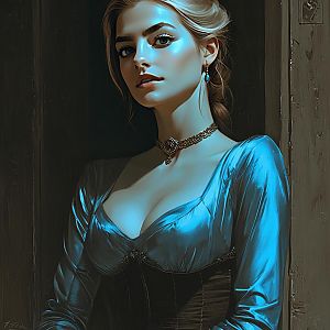 Elegant Woman in Blue Satin Gown Digital Portrait