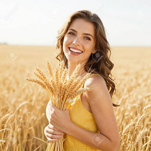 Smiling Woman Holding Wheat in Sunny Field