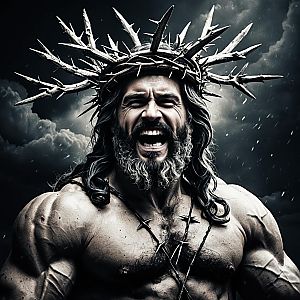 Muscular Man Wearing Crown of Thorns with Dramatic Lighting and Stormy Background