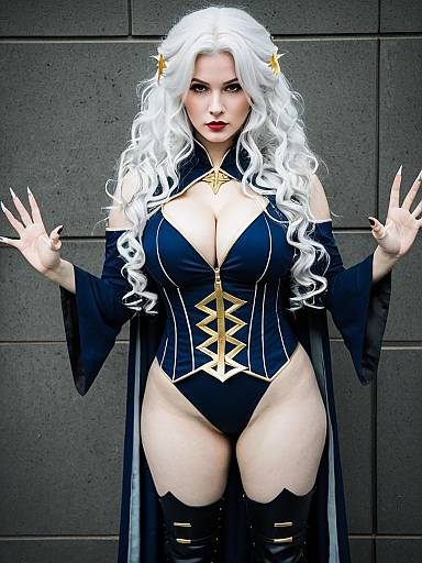 Carmilla Fate Cosplay Woman in Fantasy Blue and Gold Outfit