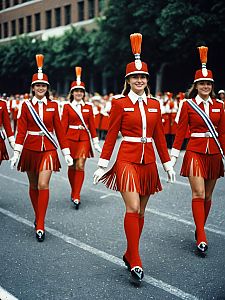 Women in Red Majorette Uniforms with Fringe Skirts Marching in Parade
