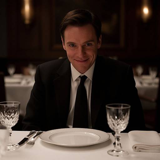 Man in Black Suit Sitting at Elegantly Set Restaurant Table