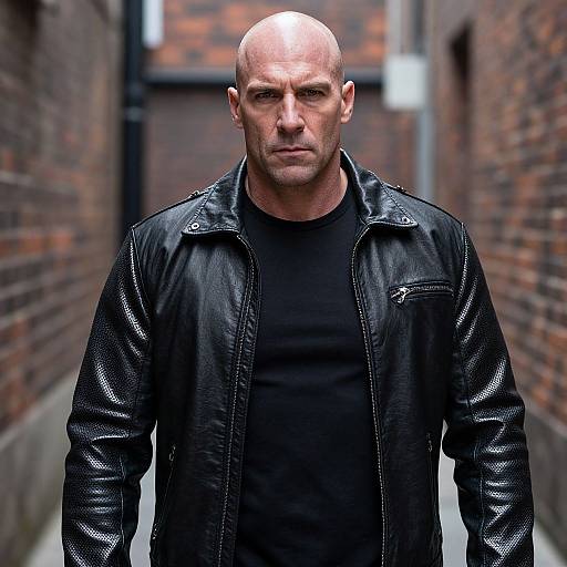 Bald Man in Black Leather Jacket Standing in Urban Alley