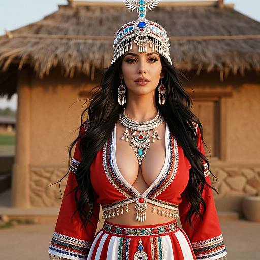 Woman in Traditional Red Costume with Silver Jewelry Outdoors