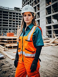 Woman in Construction Project Costume Wearing Safety Helmet at Construction Site