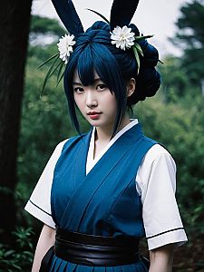 Realistic Toru Hagakure Cosplay Woman in Blue Costume with Bunny Ears