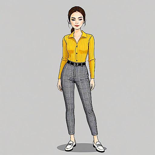 Modern Casual Woman Wearing Yellow Shirt and Plaid Pants Illustration