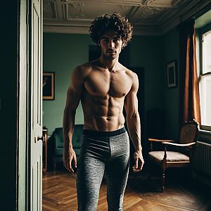 Confident Shirtless Man in Vintage Room
