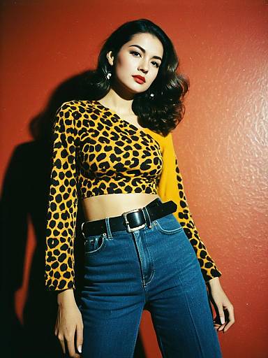 Woman in Contemporary Leopard Print One-Sleeve Crop Top and Blue Jeans