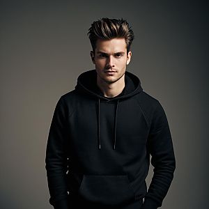 Young man in black hoodie with serious expression
