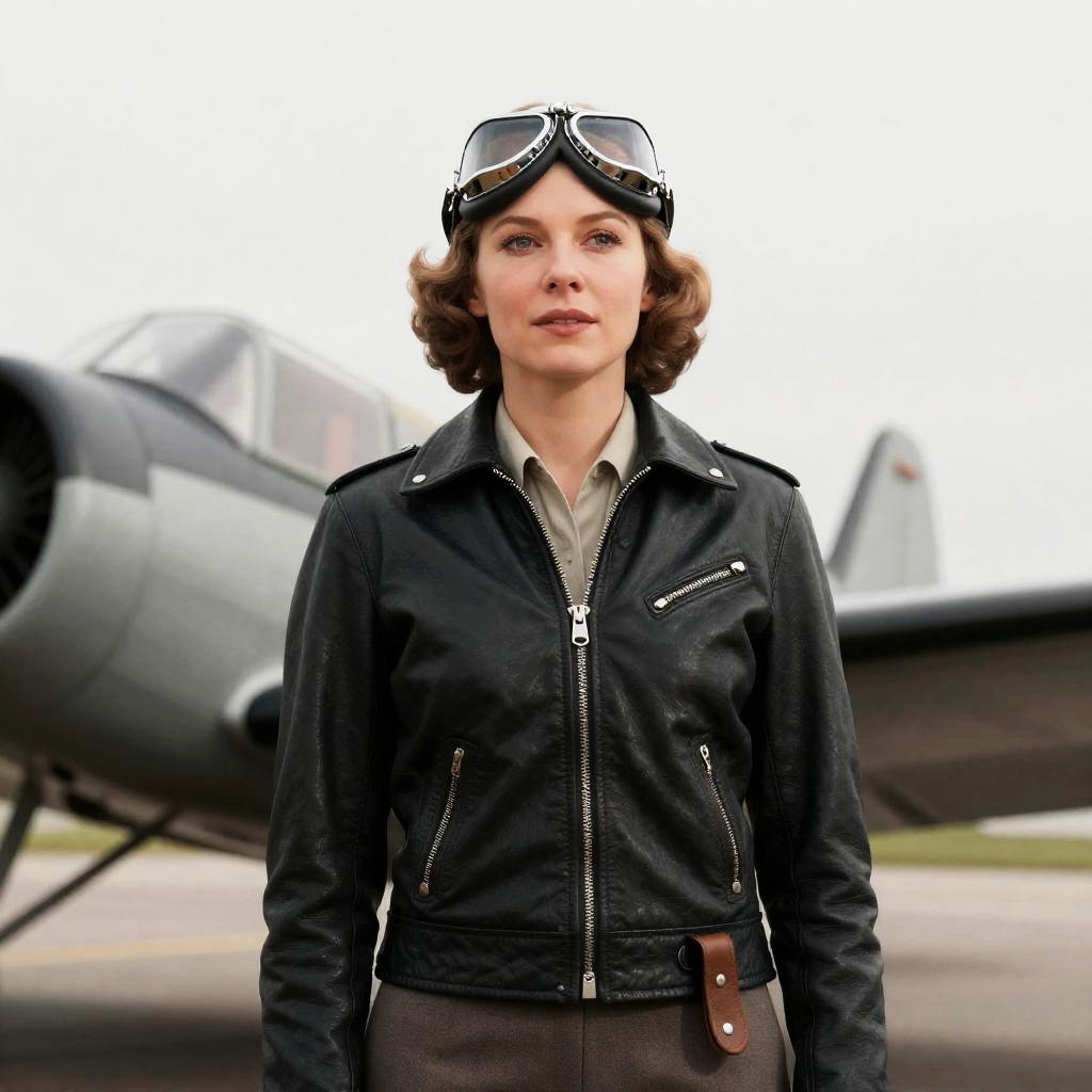 Woman in Leather Flight Jacket and Aviator Goggles Standing by Vintage Propeller Plane