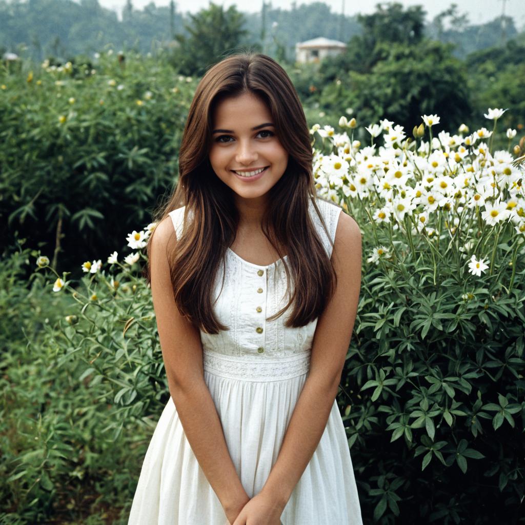 Smiling Young Woman in White Churidar Dress Among Chamomile Flowers