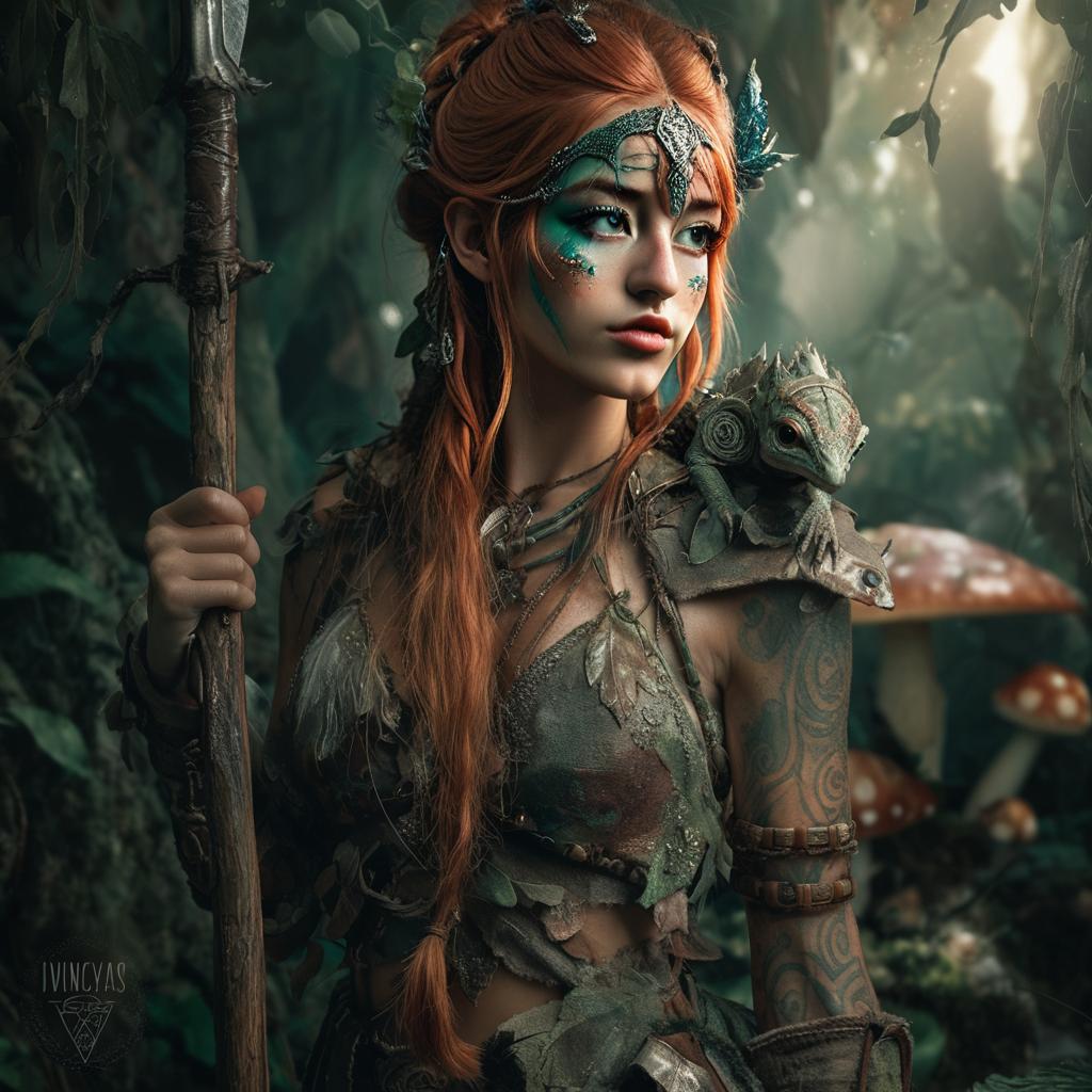 Fantasy Red-Haired Forest Warrior Woman with Chameleon Shoulder Creature