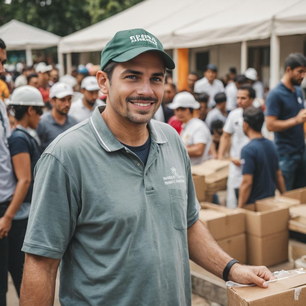 Man in 'Green Helpers' Cap Organizing Charity Event