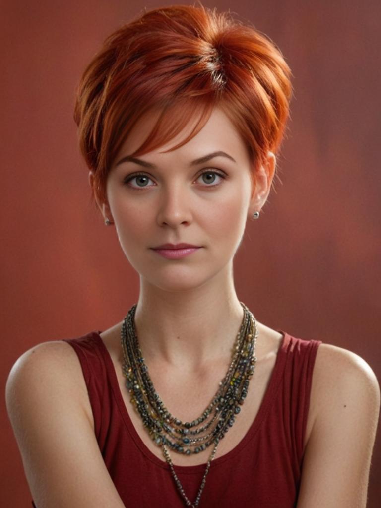 Artistic portrait of a woman with vibrant red pixie haircut