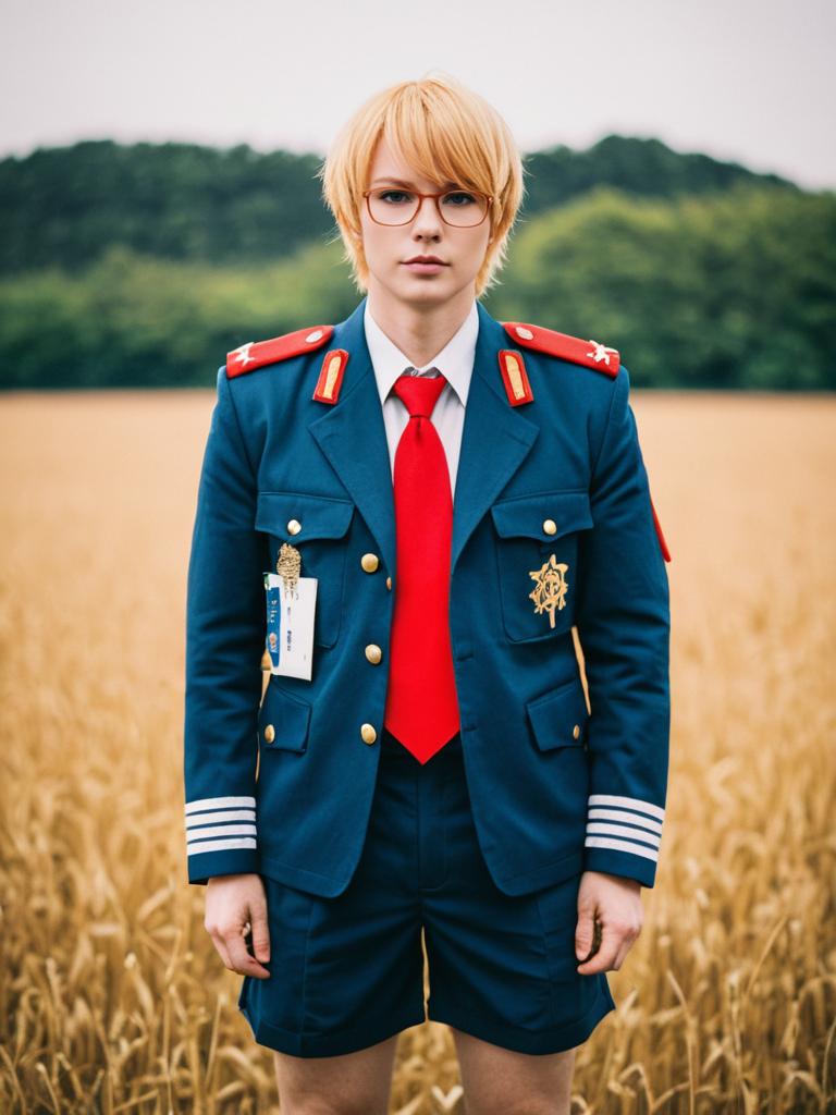 Blond Man in Navy Military Uniform with Red Accents Standing in Wheat Field