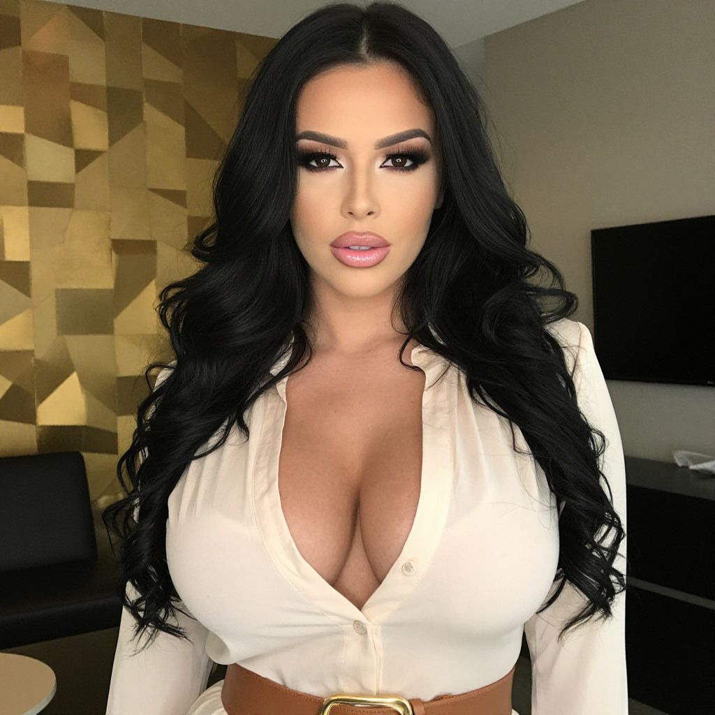 Glamorous Woman with Long Black Hair and Makeup in Modern Indoor Setting