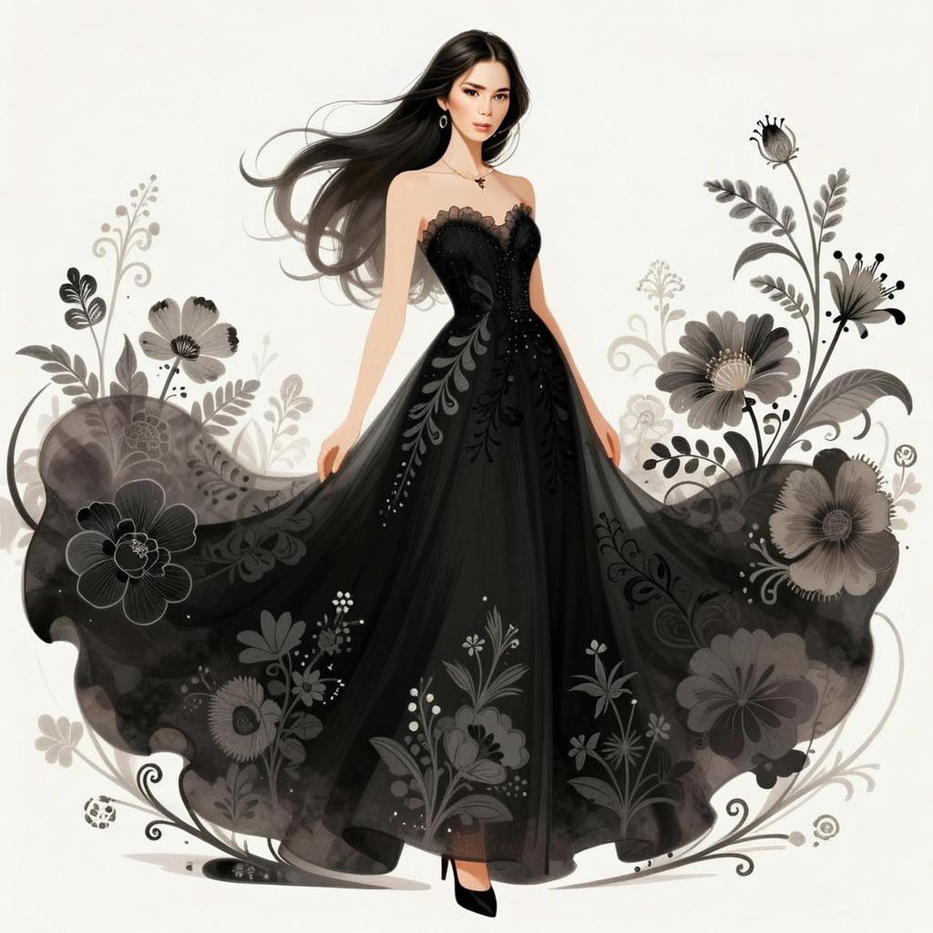 Elegant Woman in Black Floral Gown Digital Illustration