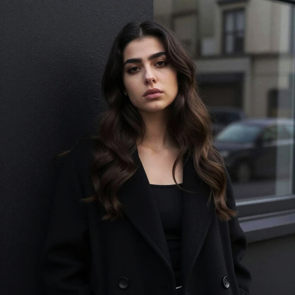 Confident Gen Z Woman in Stylish Black Coat Urban Portrait