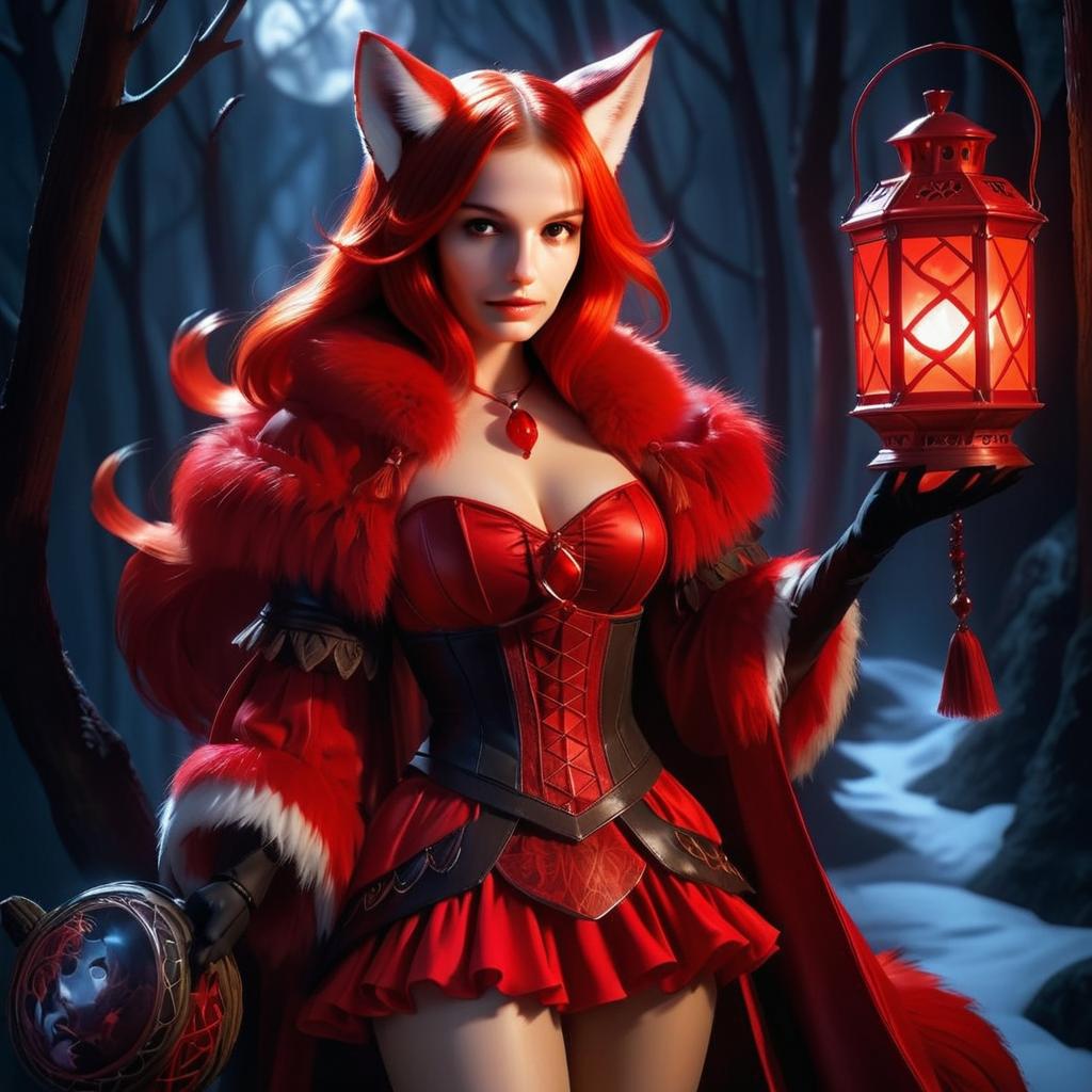 Fantasy Woman in Red Fox Costume Holding Lantern in Enchanted Forest