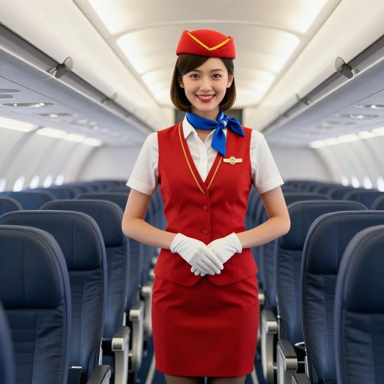 Friendly Female Flight Attendant in Red Uniform Inside Modern Airplane Cabin