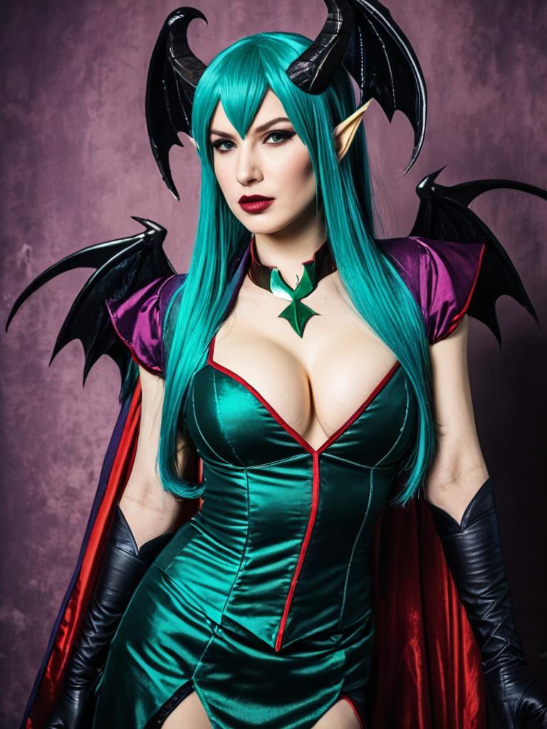 Woman Cosplay Wearing Morrigan Aensland Costume Realistic Photo