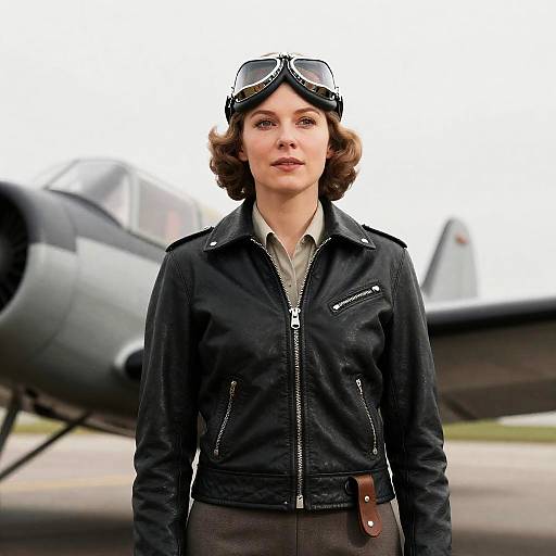 Woman in Leather Flight Jacket and Aviator Goggles Standing by Vintage Propeller Plane