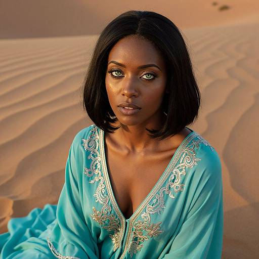 Elegant Woman in Turquoise Embroidered Dress Sitting on Desert Sand Dunes
