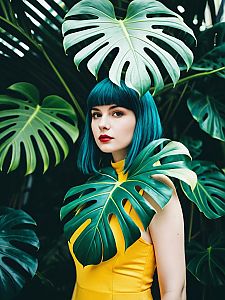 Colorful Cinematic Editorial Woman with Teal Hair in Monstera Plant Costume