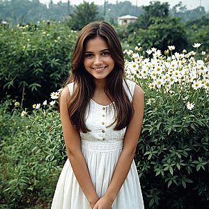 Smiling Young Woman in White Churidar Dress Among Chamomile Flowers