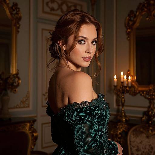 Elegant Woman in Emerald Velvet Gown in Classic Luxurious Interior