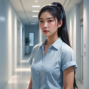 Young woman in modern hallway