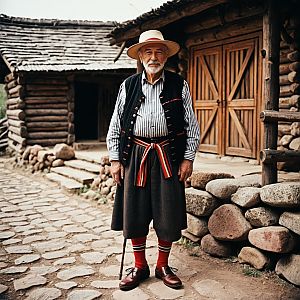 Elderly Man in Traditional Rural Attire Standing by Wooden Houses