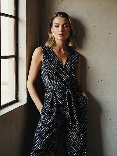 Elegant Woman in Polka Dot Jumpsuit by Window