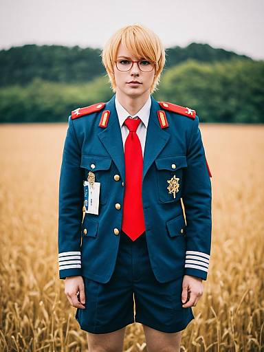 Blond Man in Navy Military Uniform with Red Accents Standing in Wheat Field