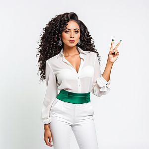 Confident Woman in Sheer White Blouse with Green Belt