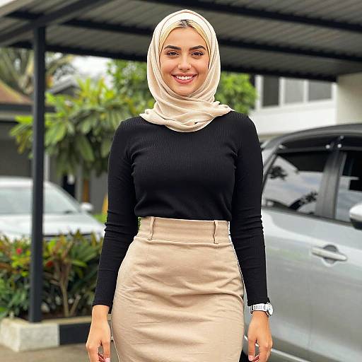 Stylish Woman in Beige Hijab and Black Top Outdoor Fashion Portrait