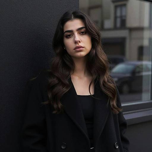 Confident Gen Z Woman in Stylish Black Coat Urban Portrait