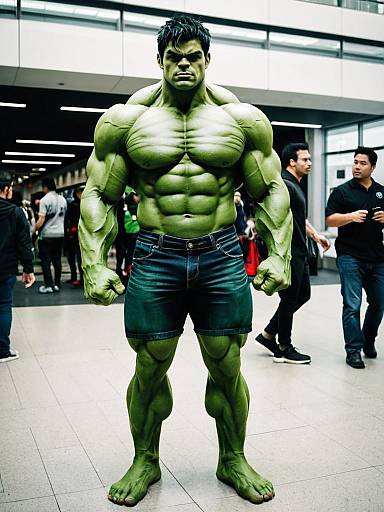 Realistic Hulk Cosplay Man in Green Bodypaint and Denim Shorts