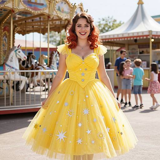 Vintage Yellow Dress Woman at Amusement Park Carousel