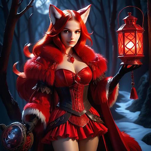 Fantasy Woman in Red Fox Costume Holding Lantern in Enchanted Forest