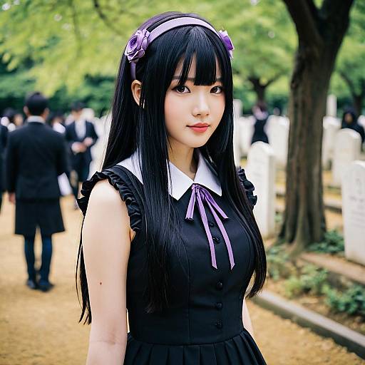 Akemi Homura in Elegant Black Dress with Purple Accents Outdoor Portrait