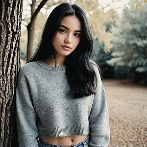 Young Woman in Cozy Sweater by Tree in Autumn