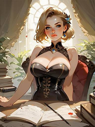 Anime-Style Portrait of a Woman in Black Corset with Blue Jewelry