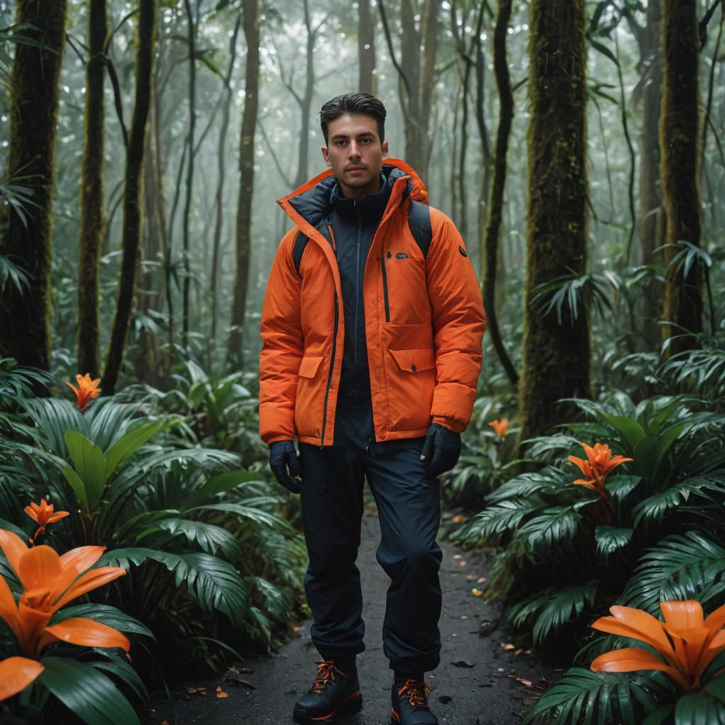 Man in Orange Jacket Amidst Greenery and Flowers